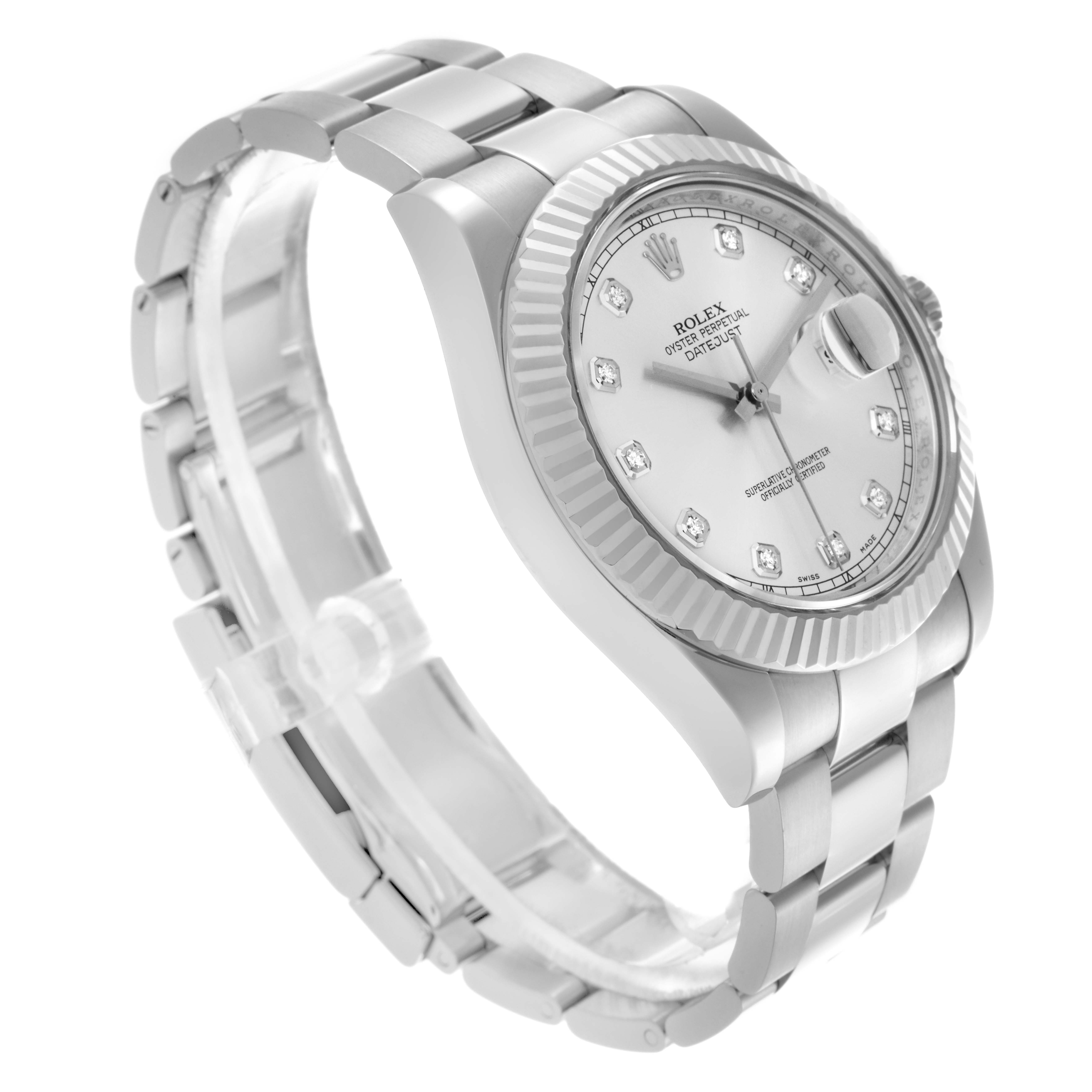 The Rolex Datejust 41 116334 Men's Stainless Steel Silver Dial 116334 Men's Stainless Steel Silver Dial watch is shown at an angled side view, highlighting the dial, bezel, and bracelet.