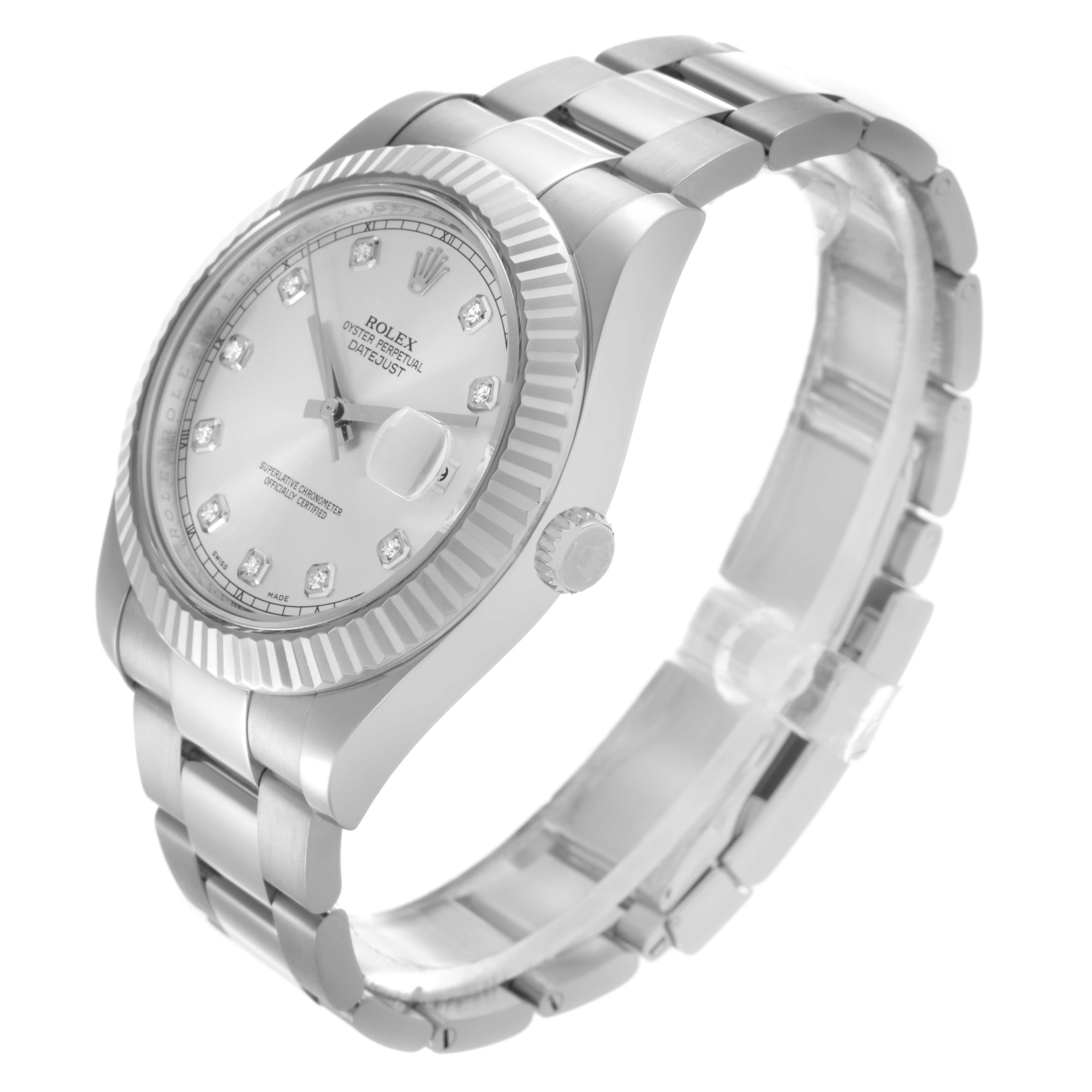 The Rolex Datejust 41 116334 Men's Stainless Steel Silver Dial 116334 Men's Stainless Steel Silver Dial is shown at a three-quarter angle, highlighting its face, fluted bezel, and bracelet.