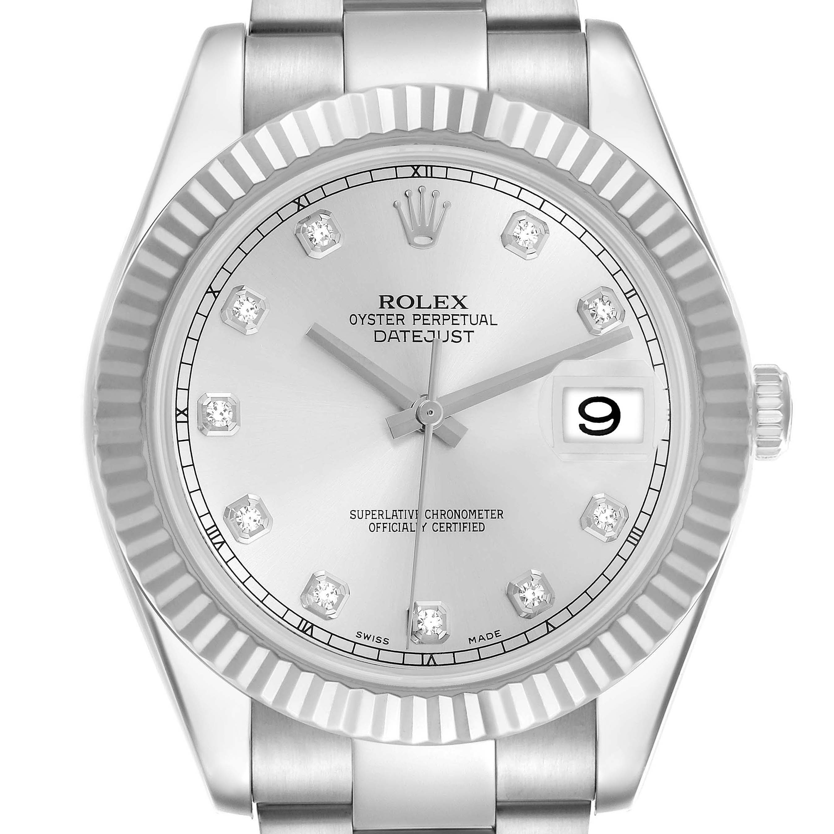 The Rolex Datejust 41 116334 Men's Stainless Steel Silver Dial 116334 Men's Stainless Steel Silver Dial is shown from the front, highlighting the dial, bezel, crown, and part of the bracelet.