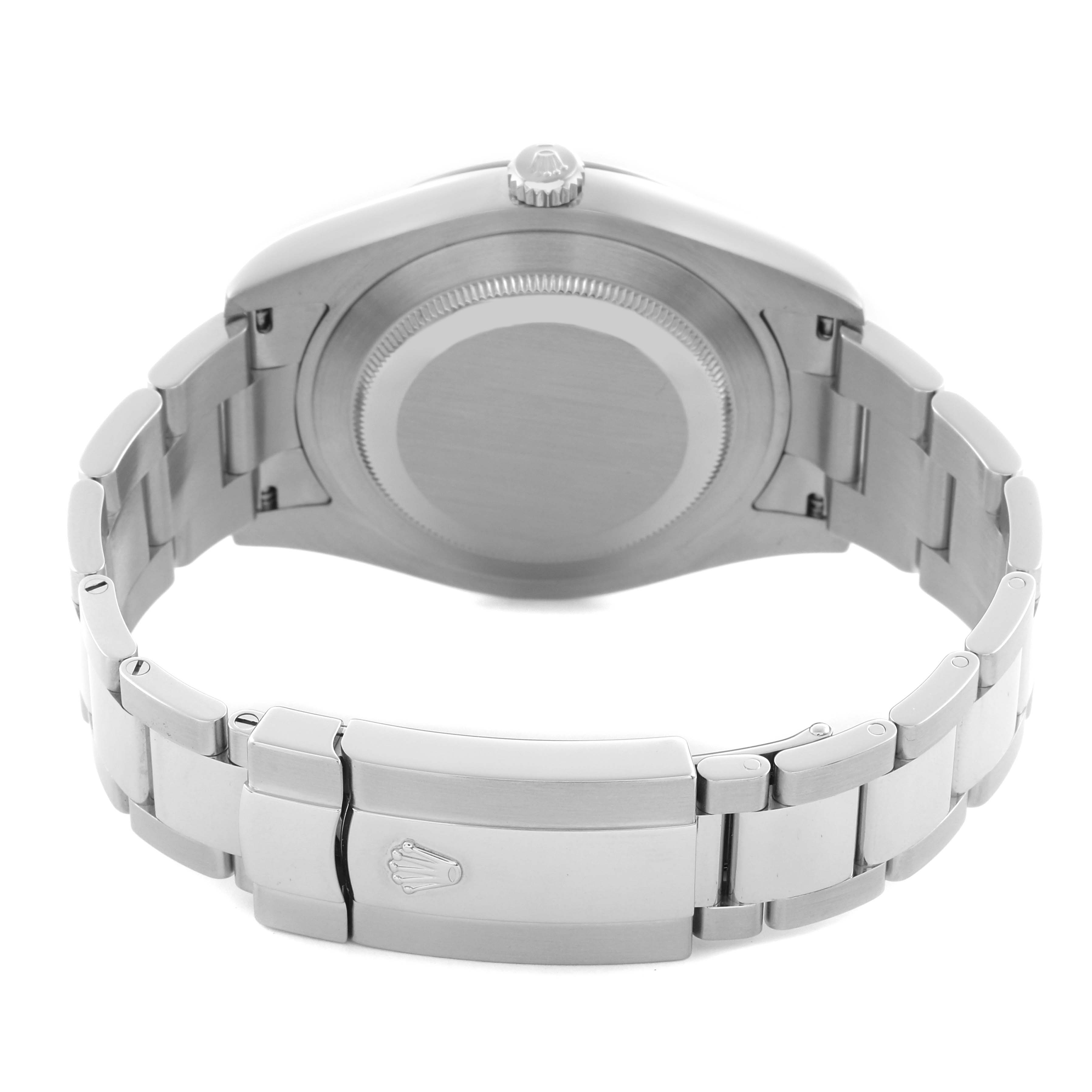 The image shows the back view of a Rolex Datejust 41 116334 Men's Stainless Steel Silver Dial 116334 Men's Stainless Steel Silver Dial watch, highlighting the case back, bracelet, and clasp.