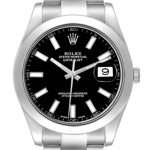 The Rolex Datejust 41 116300 Men's Stainless Steel Black Dial 116300 Men's Stainless Steel Black Dial is shown from a front angle, highlighting the black dial, date window, and stainless steel bracelet.