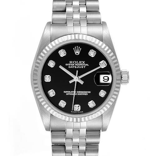 The image shows a front view of a Rolex Datejust 78274 Women's Stainless Steel Black Dial 78274 Women's Stainless Steel Black Dial watch, featuring its dial, hour markers, and bracelet.