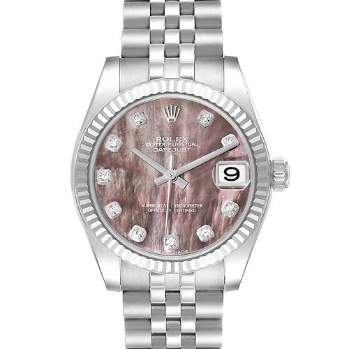This is a front view of a Rolex Mid-Size 178274 Women's Stainless Steel Mother of Pearl Dial 178274 Women's Stainless Steel Mother of Pearl Dial Oyster Perpetual Datejust watch, showcasing its dial, bezel, hands, and bracelet.