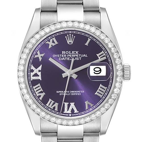 This Rolex Datejust 126284RBR Men's Stainless Steel Purple Dial 126284RBR Men's Stainless Steel Purple Dial watch is shown from a front view, highlighting its dial, hands, bezel, and part of the bracelet.