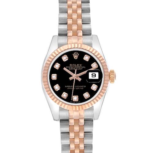 The Rolex Datejust 179171 Women's Steel and Gold (two tone) Black Dial 179171 Women's Steel and Gold (two tone) Black Dial watch is shown from a top-down angle, highlighting the face, bezel, and bracelet.