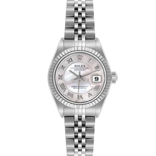 The Rolex Datejust 79174NRD Women's Stainless Steel Mother of Pearl Dial 79174NRD Women's Stainless Steel Mother of Pearl Dial watch is shown from a top-down angle, highlighting the dial, bezel, crown, and bracelet.