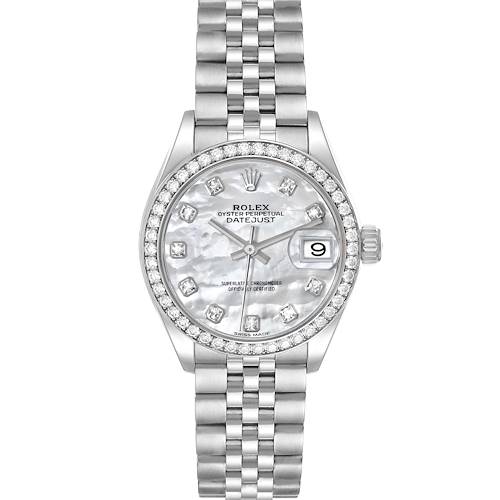 The Rolex Datejust 279384 Women's Stainless Steel Mother of Pearl Dial 279384 Women's Stainless Steel Mother of Pearl Dial watch is shown from a front angle, displaying the face, bracelet, and date window.