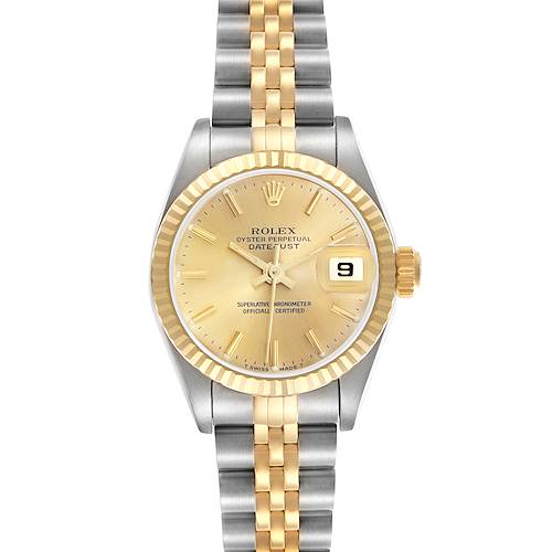 The Rolex Datejust 69173 Women's Steel and Gold (two tone) Champagne Dial 69173 Women's Steel and Gold (two tone) Champagne Dial watch is shown from a top-down angle, highlighting the dial, bezel, and jubilee bracelet.