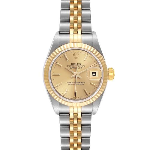 The Rolex Datejust 69173 Women's Steel and Gold (two tone) Champagne Dial 69173 Women's Steel and Gold (two tone) Champagne Dial is shown from a top-down angle, highlighting its two-tone bracelet and gold dial.