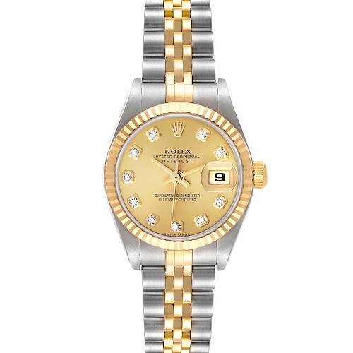 The Rolex Datejust 79173 Women's Steel and Gold (two tone) Champagne Dial 79173 Women's Steel and Gold (two tone) Champagne Dial watch is shown from a top-down angle, displaying the face, bezel, crown, and bracelet.