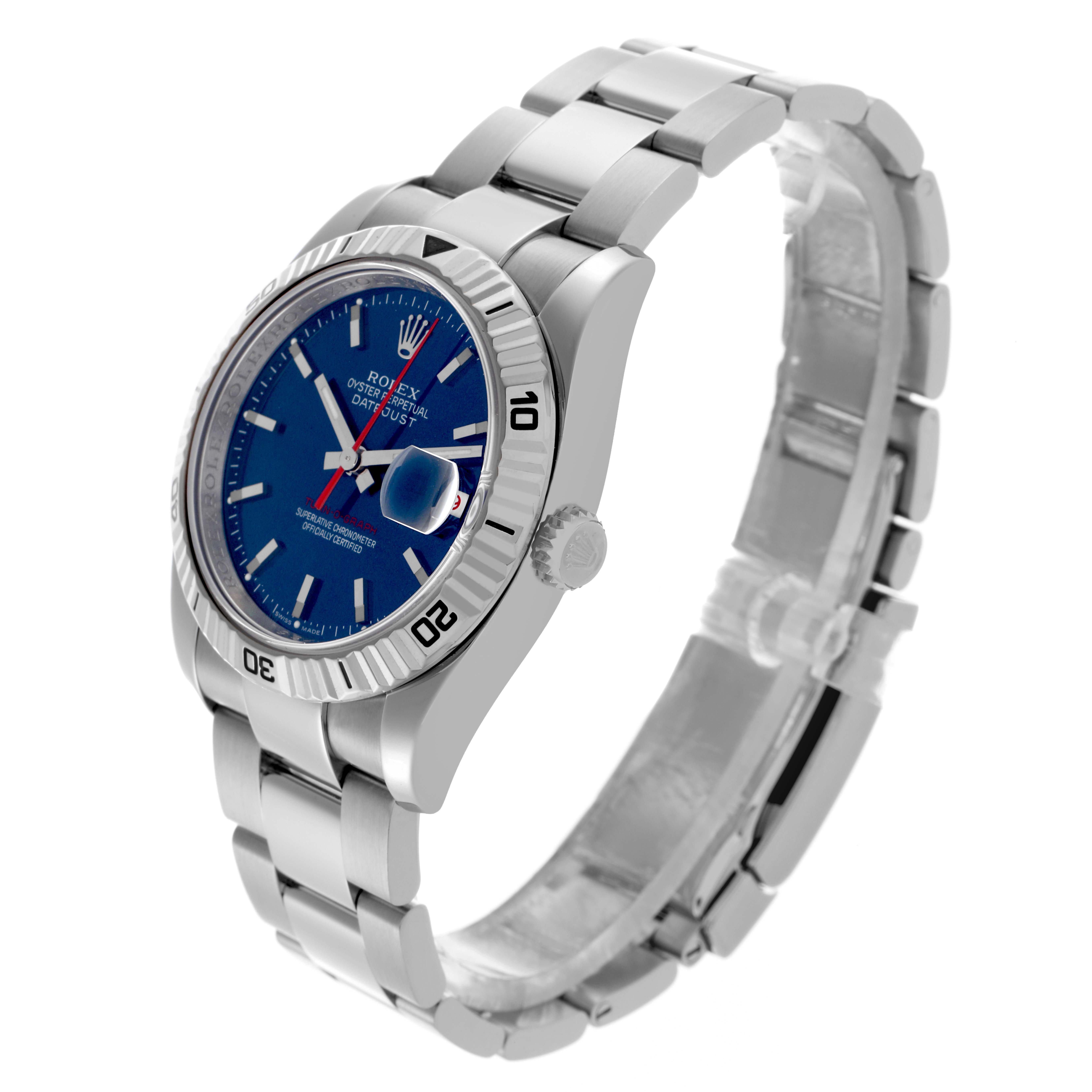 The Rolex Turn-o-Graph 116264 Men's Stainless Steel Blue Dial 116264 Men's Stainless Steel Blue Dial watch is shown at a tilted angle, highlighting the face, bezel, crown, and bracelet.