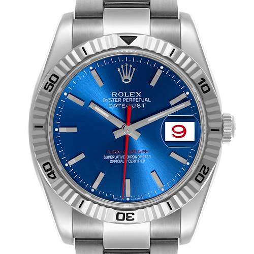 The Rolex Turn-o-Graph 116264 Men's Stainless Steel Blue Dial 116264 Men's Stainless Steel Blue Dial watch is shown from a front angle, highlighting the blue dial, date window, and bezel markings.
