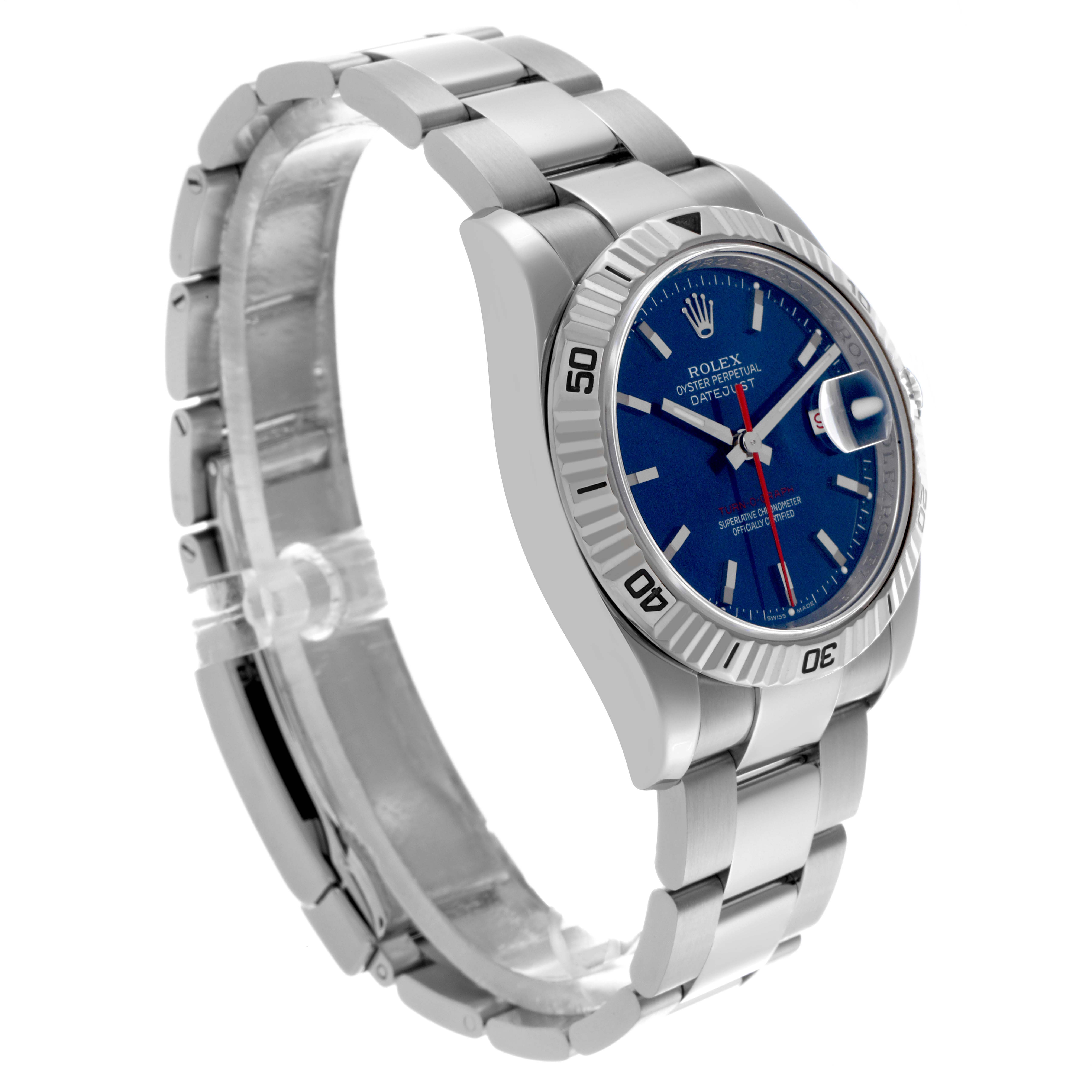 The Rolex Turn-o-Graph 116264 Men's Stainless Steel Blue Dial 116264 Men's Stainless Steel Blue Dial watch is shown from a side angle, displaying the bracelet, bezel, blue dial, and crown.