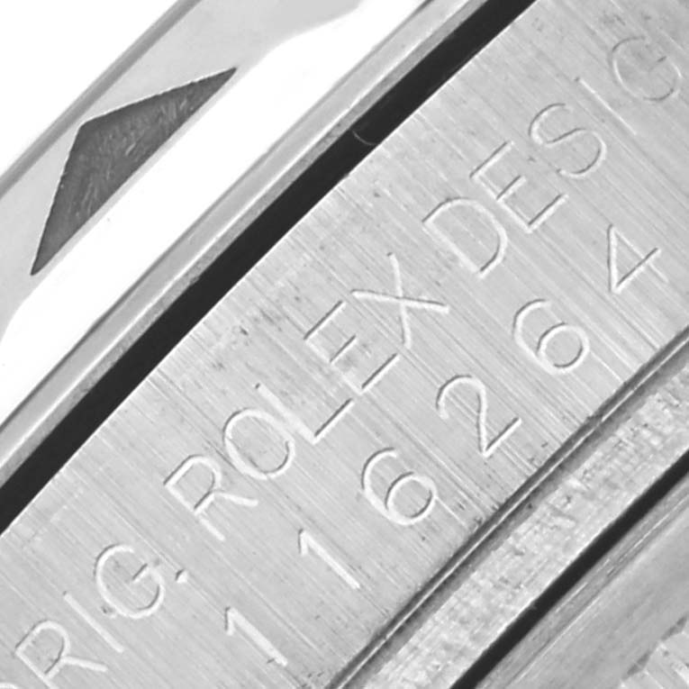 The image shows a close-up of the watch case side and engraved details on a Rolex Turn-o-Graph 116264 Men's Stainless Steel Blue Dial 116264 Men's Stainless Steel Blue Dial.