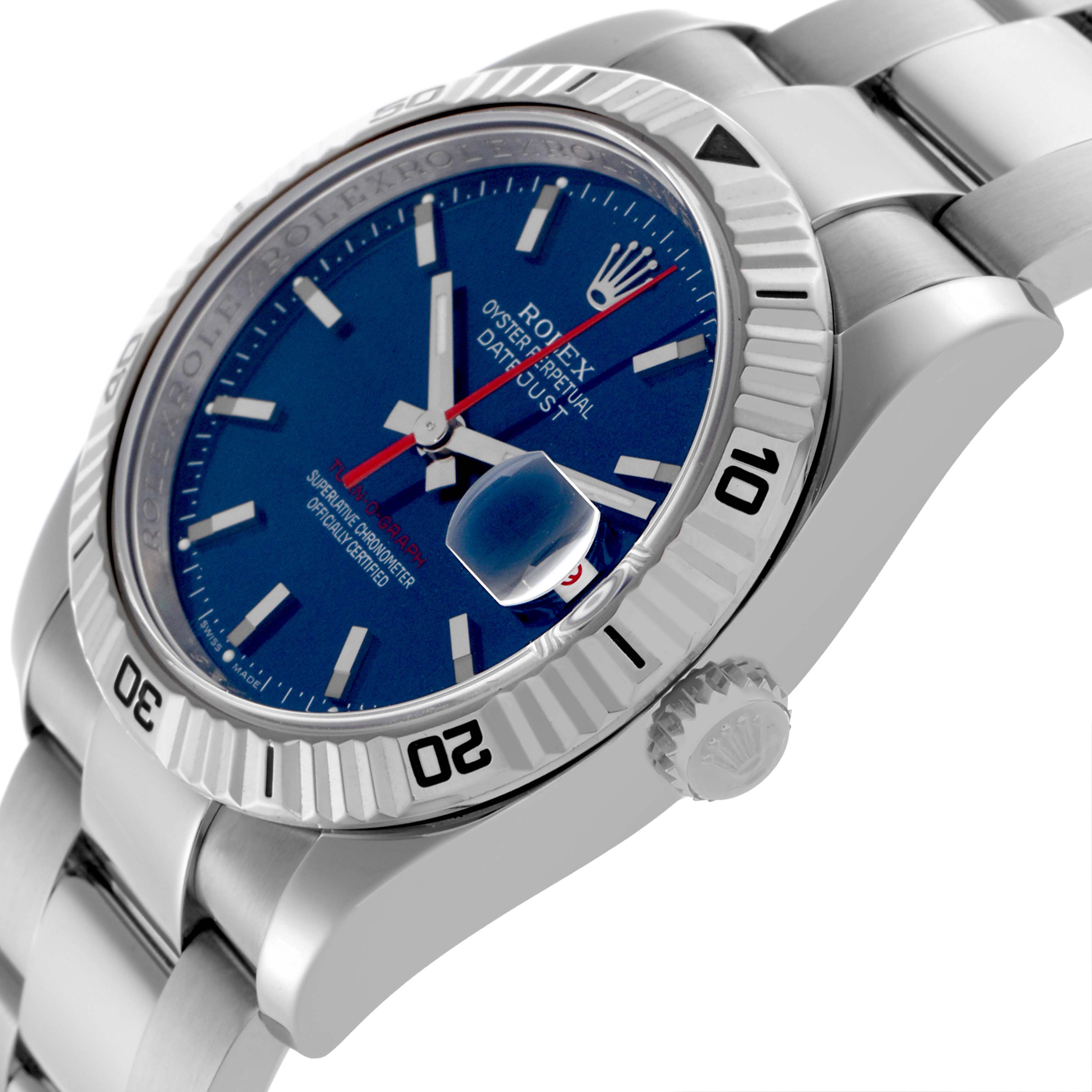 The image shows a Rolex Turn-o-Graph 116264 Men's Stainless Steel Blue Dial 116264 Men's Stainless Steel Blue Dial watch at an angle highlighting the blue dial, rotating bezel, crown, and part of the bracelet.