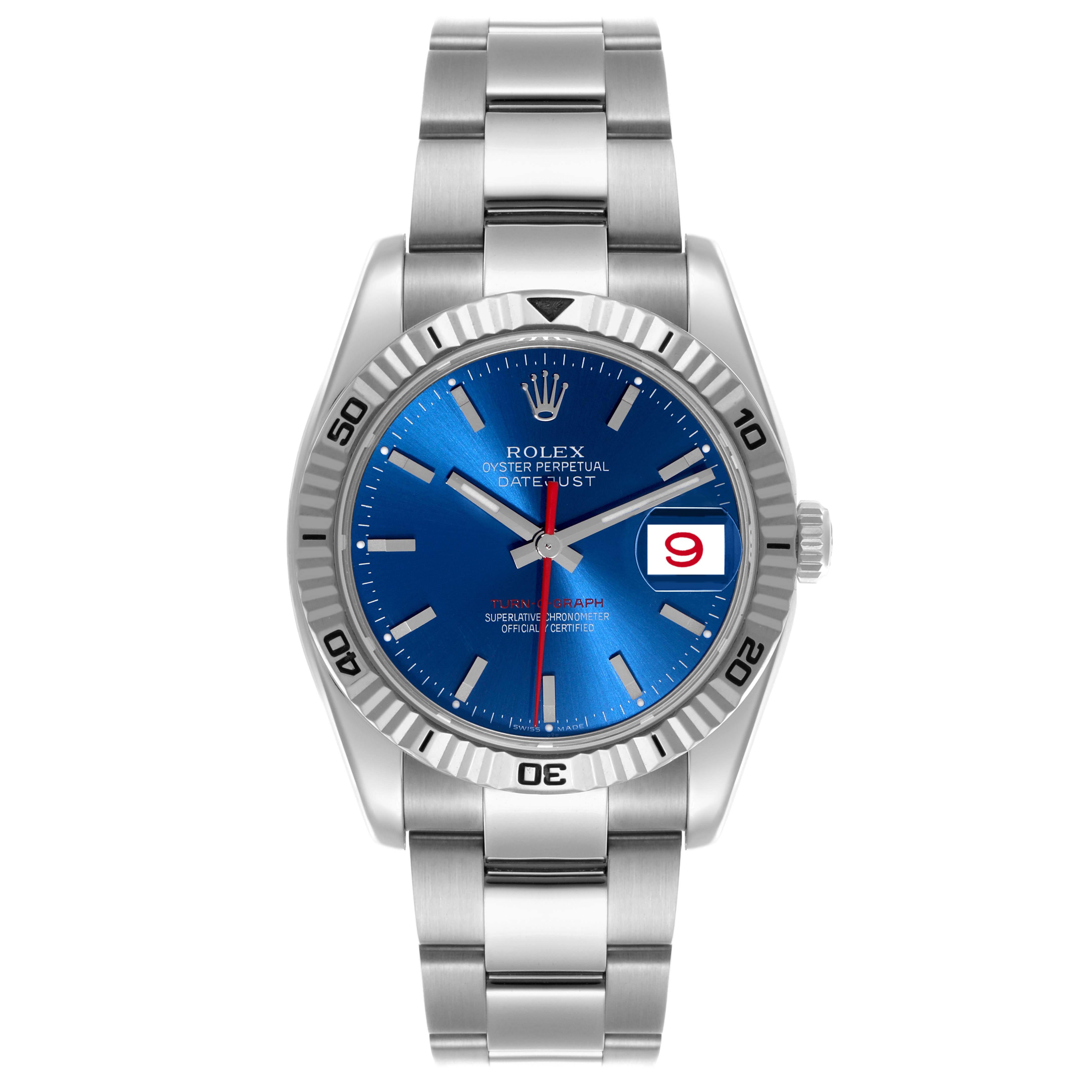 The Rolex Turn-o-Graph 116264 Men's Stainless Steel Blue Dial 116264 Men's Stainless Steel Blue Dial watch is displayed from a front angle, showing its face, bezel, bracelet, and date window clearly.