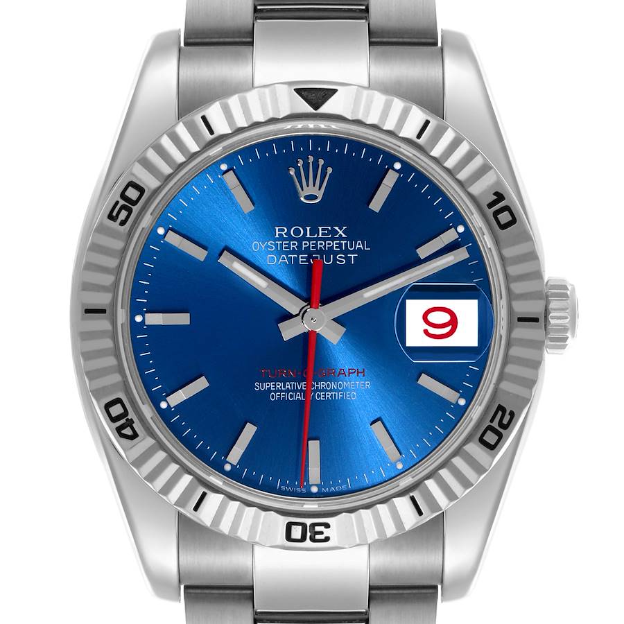 The image shows a front view of the Rolex Turn-o-Graph 116264 Men's Stainless Steel Blue Dial 116264 Men's Stainless Steel Blue Dial watch, highlighting its blue dial, bezel, and bracelet.