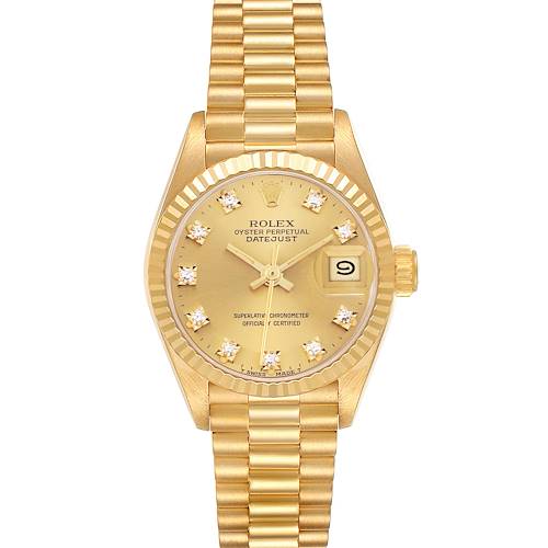 The Rolex President 69178 Women's Yellow Gold Champagne Dial 69178 Women's Yellow Gold Champagne Dial model is shown from the front, displaying the dial, bracelet, case, and date window.
