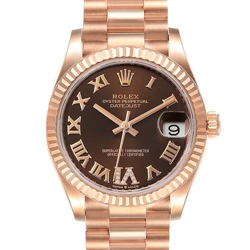 This image shows a front view of a Rolex President 278275 Women's Rose Gold Brown Dial 278275 Women's Rose Gold Brown Dial model watch, highlighting the dial, hands, bezel, and bracelet.