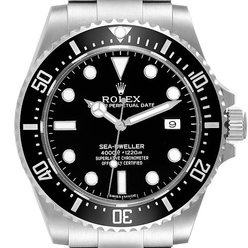 The image shows a frontal view of the Rolex Sea-Dweller 116600 Men's Stainless Steel Black Dial 116600 Men's Stainless Steel Black Dial watch, highlighting its dial, bezel, crown, and bracelet.