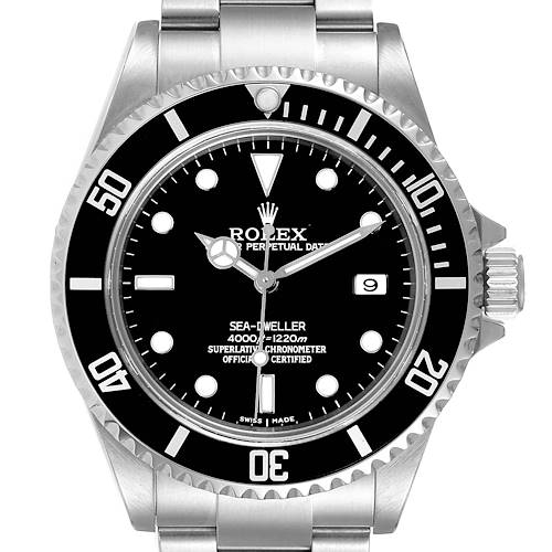 The image shows a front view of the Rolex Sea-Dweller 16600 Men's Stainless Steel Black Dial 16600 Men's Stainless Steel Black Dial watch, highlighting the dial, bezel, and bracelet.