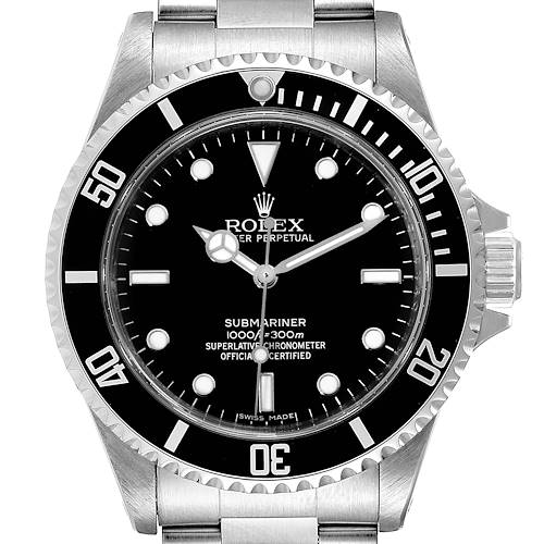 The image shows a front view of the Rolex Submariner 14060M Men's Stainless Steel Black Dial 14060M Men's Stainless Steel Black Dial watch, highlighting its dial, bezel, and part of the bracelet.