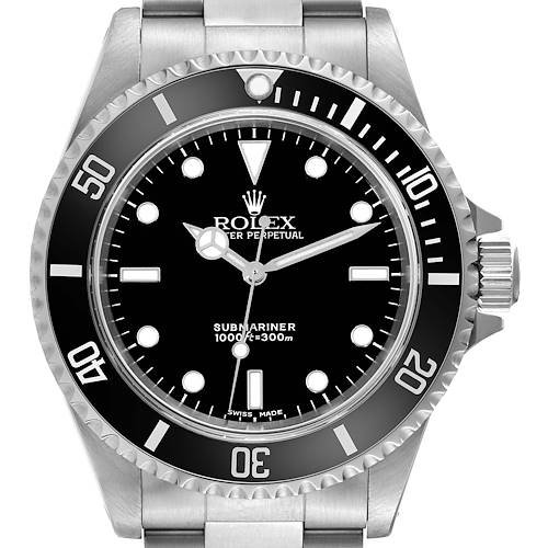 The image shows a front view of the Rolex Submariner 14060 Men's Stainless Steel Black Dial 14060 Men's Stainless Steel Black Dial watch, highlighting its black dial, rotating bezel, and stainless steel bracelet.
