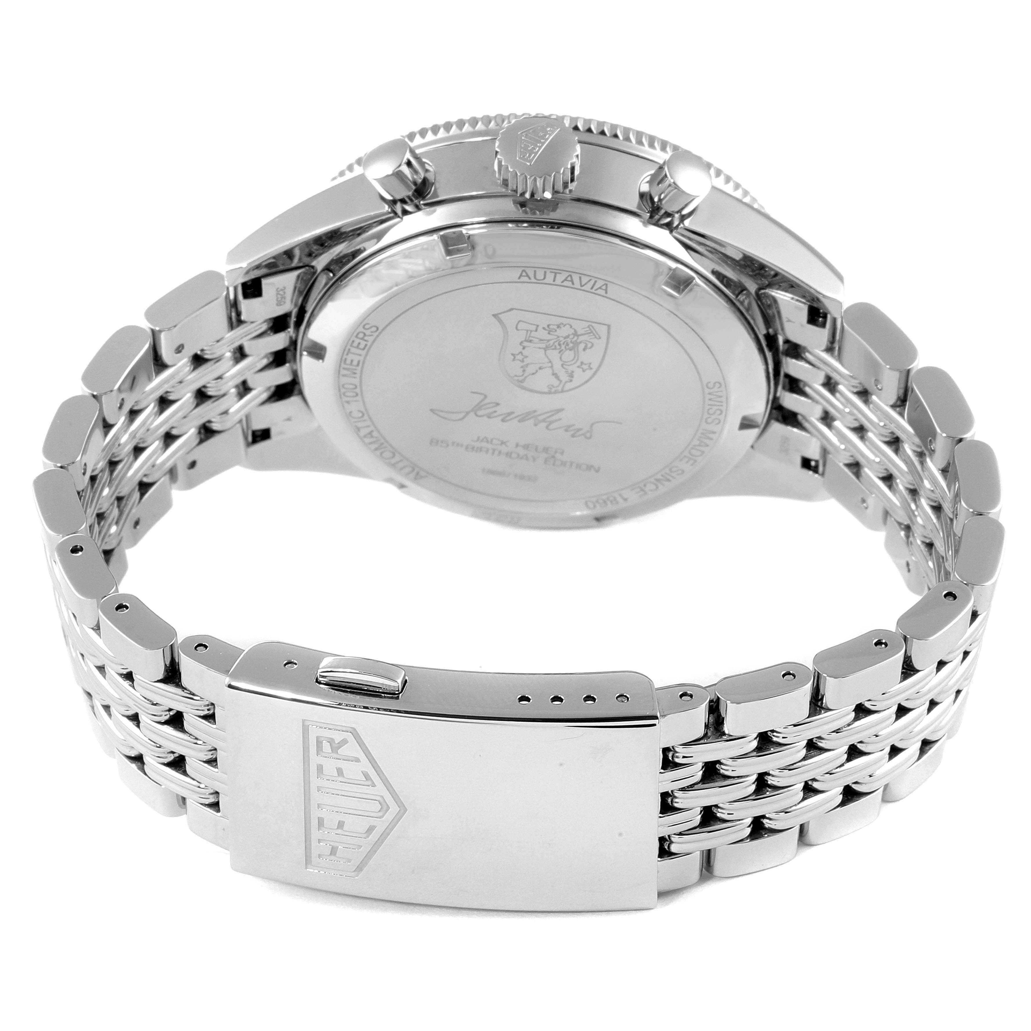 The image shows the backside and clasp of a Tag Heuer Autavia watch, highlighting the bracelet and case back detailing.