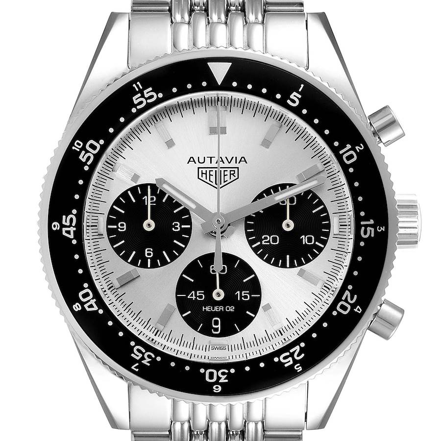 The image shows a front view of the Tag Heuer Autavia watch, displaying its face, bezel, three sub-dials, and part of the bracelet.