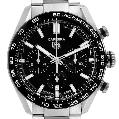 The image shows a frontal view of the Tag Heuer Carrera CBN2A1B.BA0643 Men's Stainless Steel Black Dial CBN2A1B.BA0643 Men's Stainless Steel Black Dial watch, highlighting its face, chronograph dials, and tachymeter bezel.