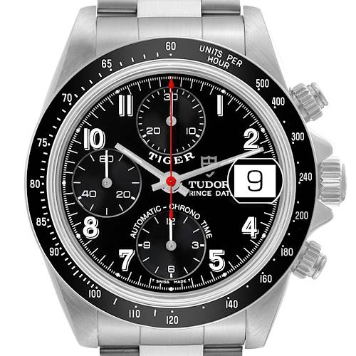 This image shows a close-up, front view of a Tudor Prince model Tiger chronograph watch with a date display and three subdials.