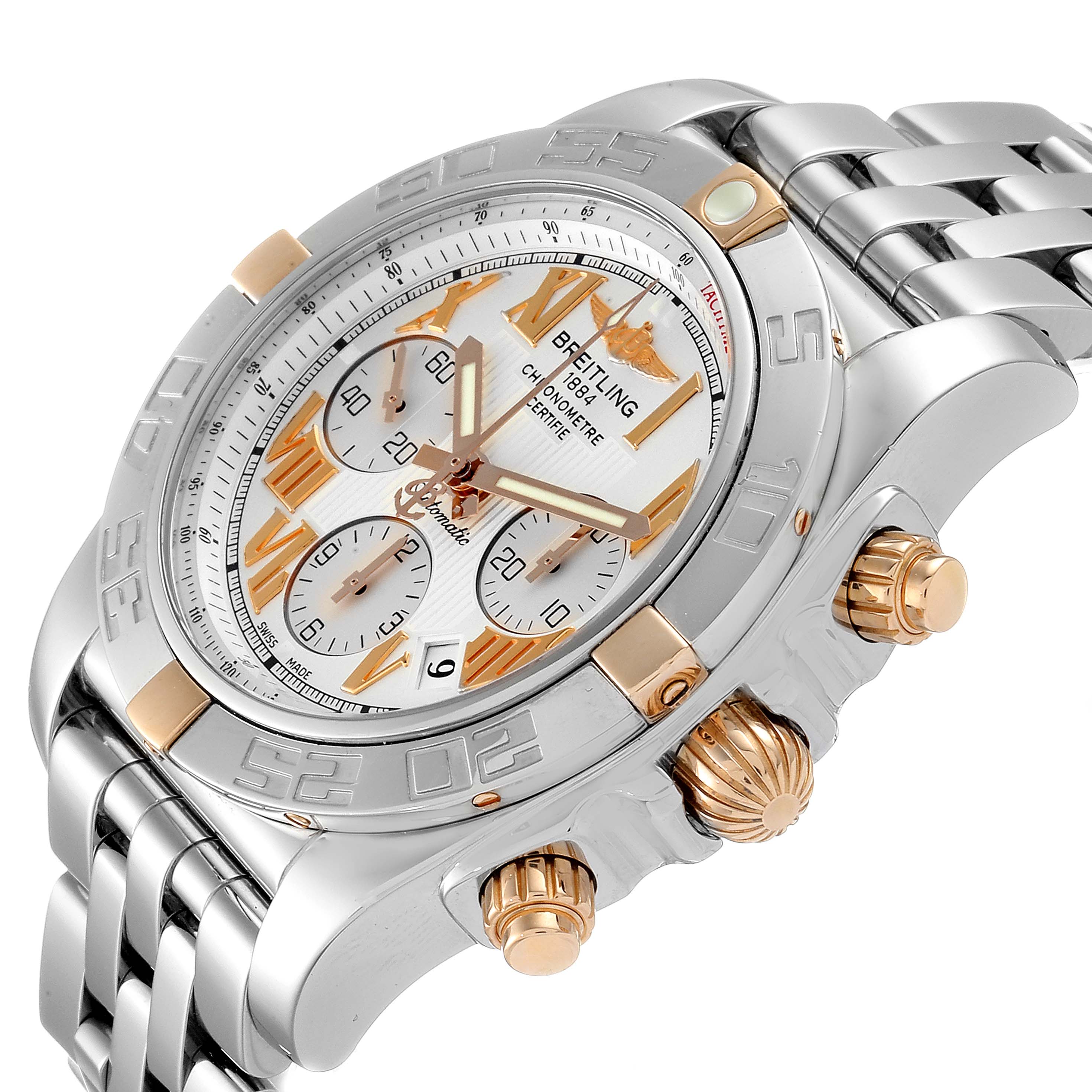 The Breitling Chronomat IB0110 Men's Stainless Steel Silver Dial IB0110 Men's Stainless Steel Silver Dial watch is shown at an angled close-up, highlighting its face, bezel, crown, and pushers.