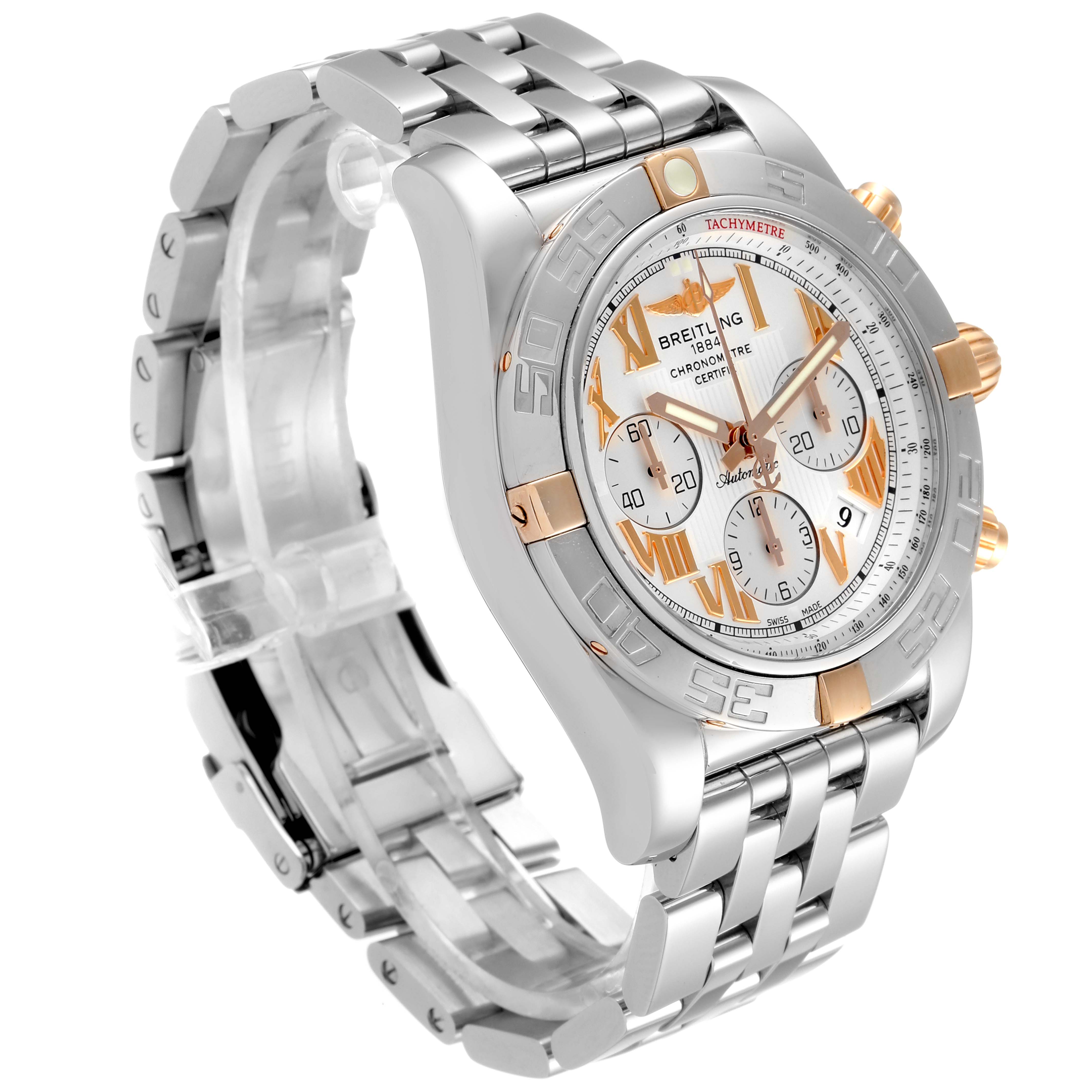 The image shows a Breitling Chronomat IB0110 Men's Stainless Steel Silver Dial IB0110 Men's Stainless Steel Silver Dial watch at an angle highlighting its face, bezel, bracelet, and chronograph dials.