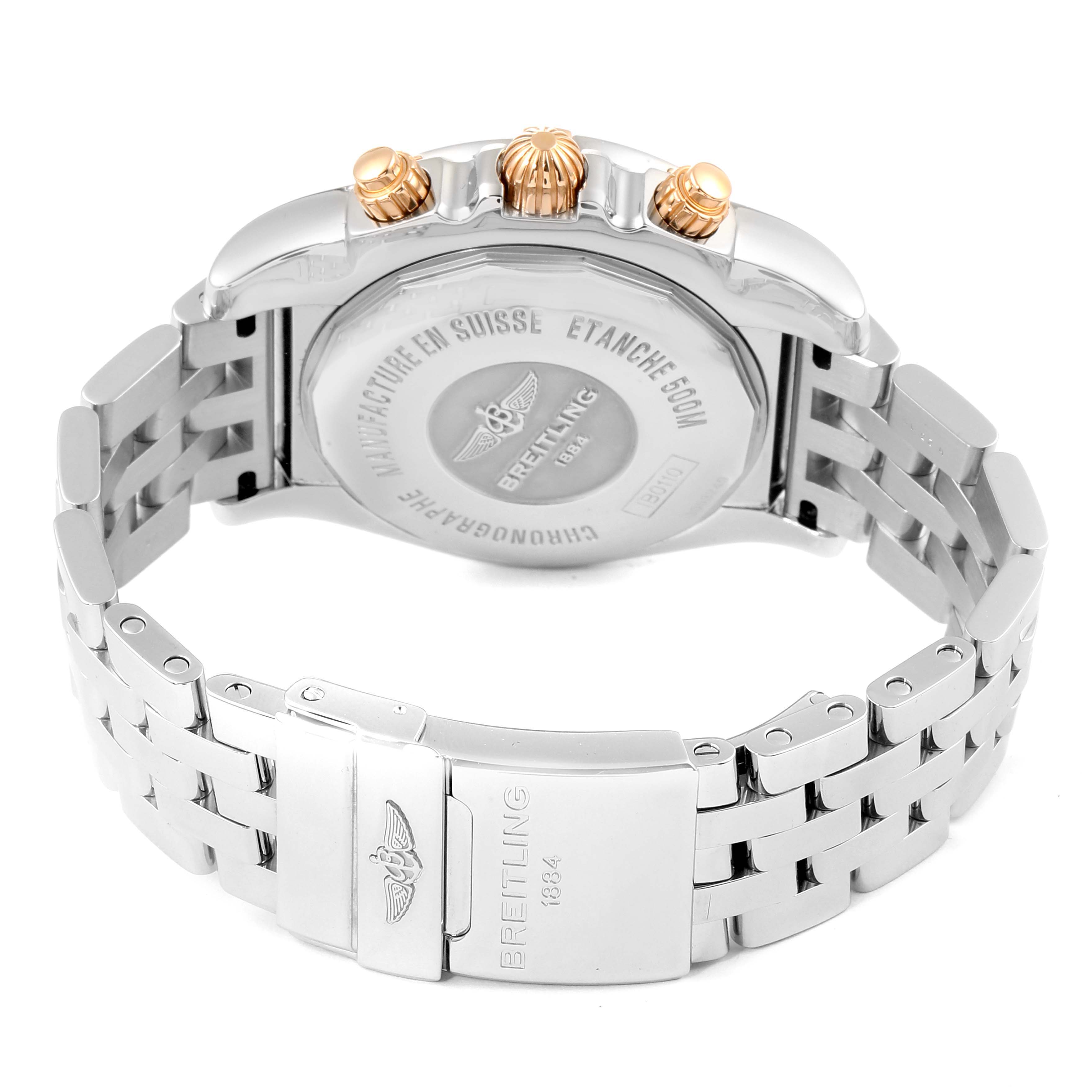 The image shows the back case, crown, and bracelet of the Breitling Chronomat IB0110 Men's Stainless Steel Silver Dial IB0110 Men's Stainless Steel Silver Dial watch.