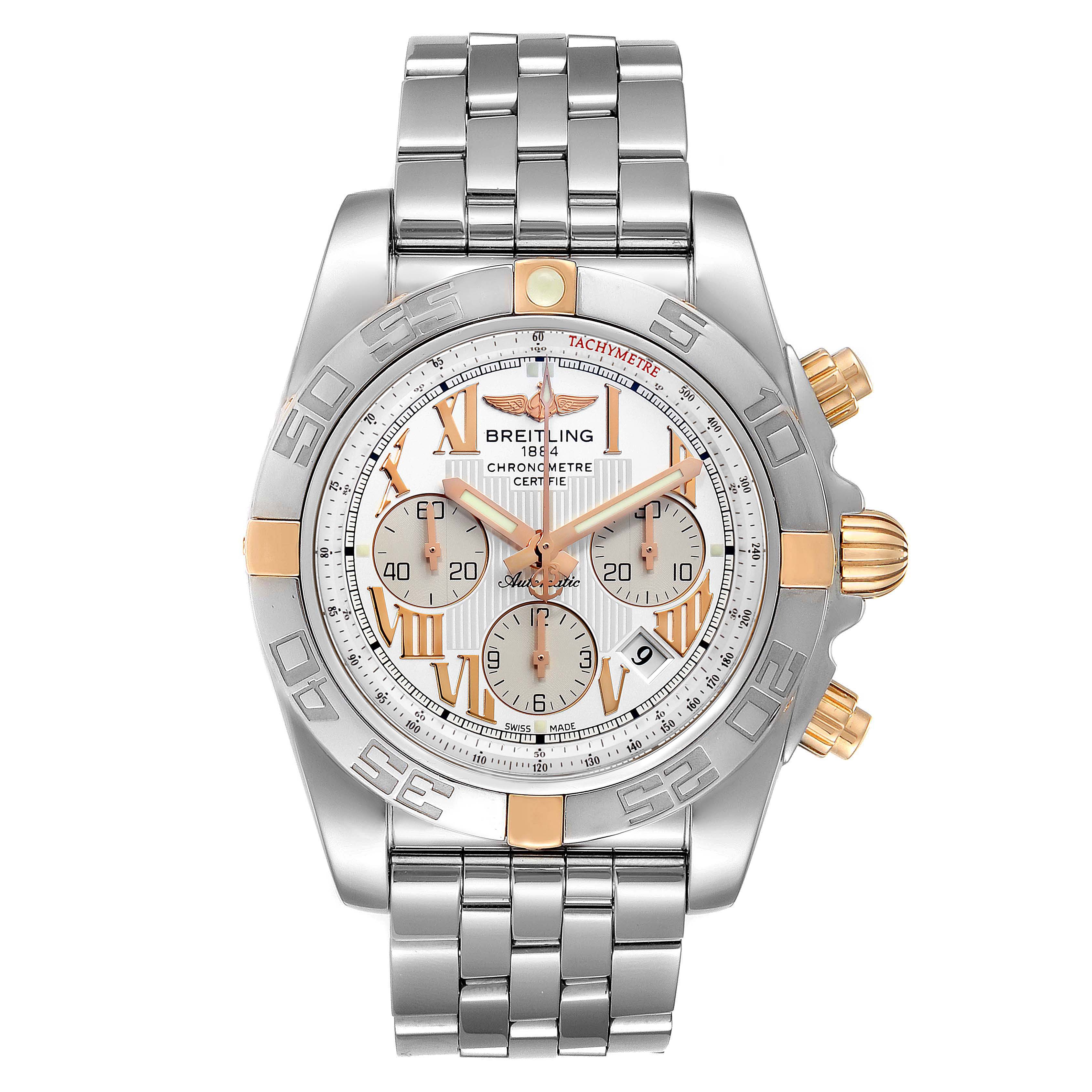 This image shows a frontal view of a Breitling Chronomat IB0110 Men's Stainless Steel Silver Dial IB0110 Men's Stainless Steel Silver Dial watch, displaying its dial, bezel, crown, pushers, and bracelet.