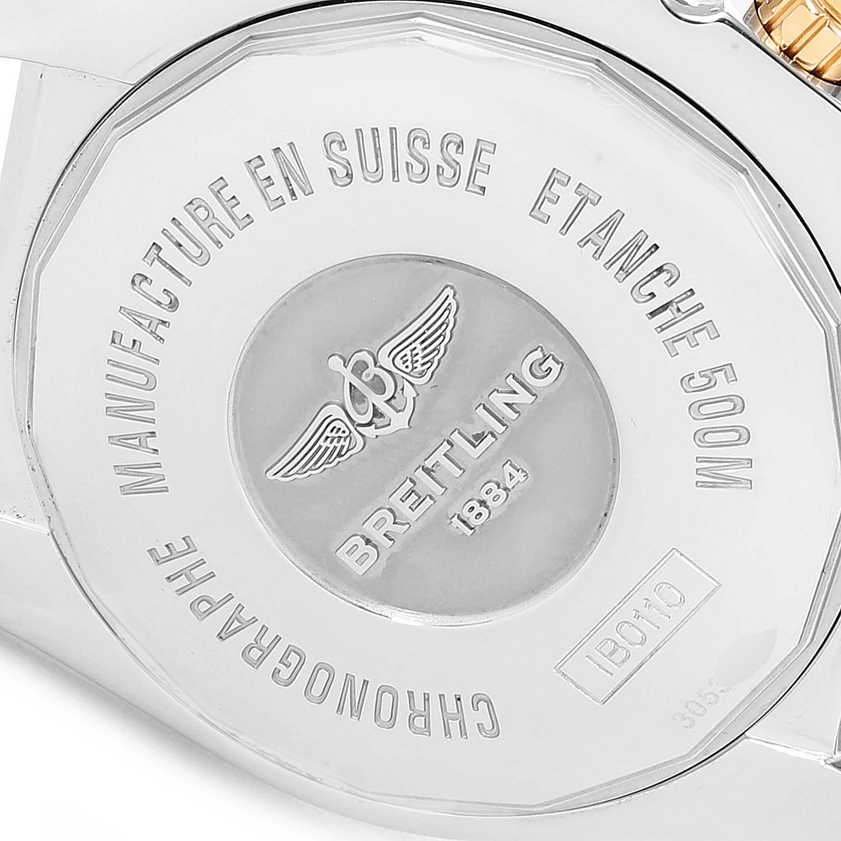 The image shows the case back of the Breitling Chronomat IB0110 Men's Stainless Steel Silver Dial IB0110 Men's Stainless Steel Silver Dial watch, highlighting its engravings and brand markings.