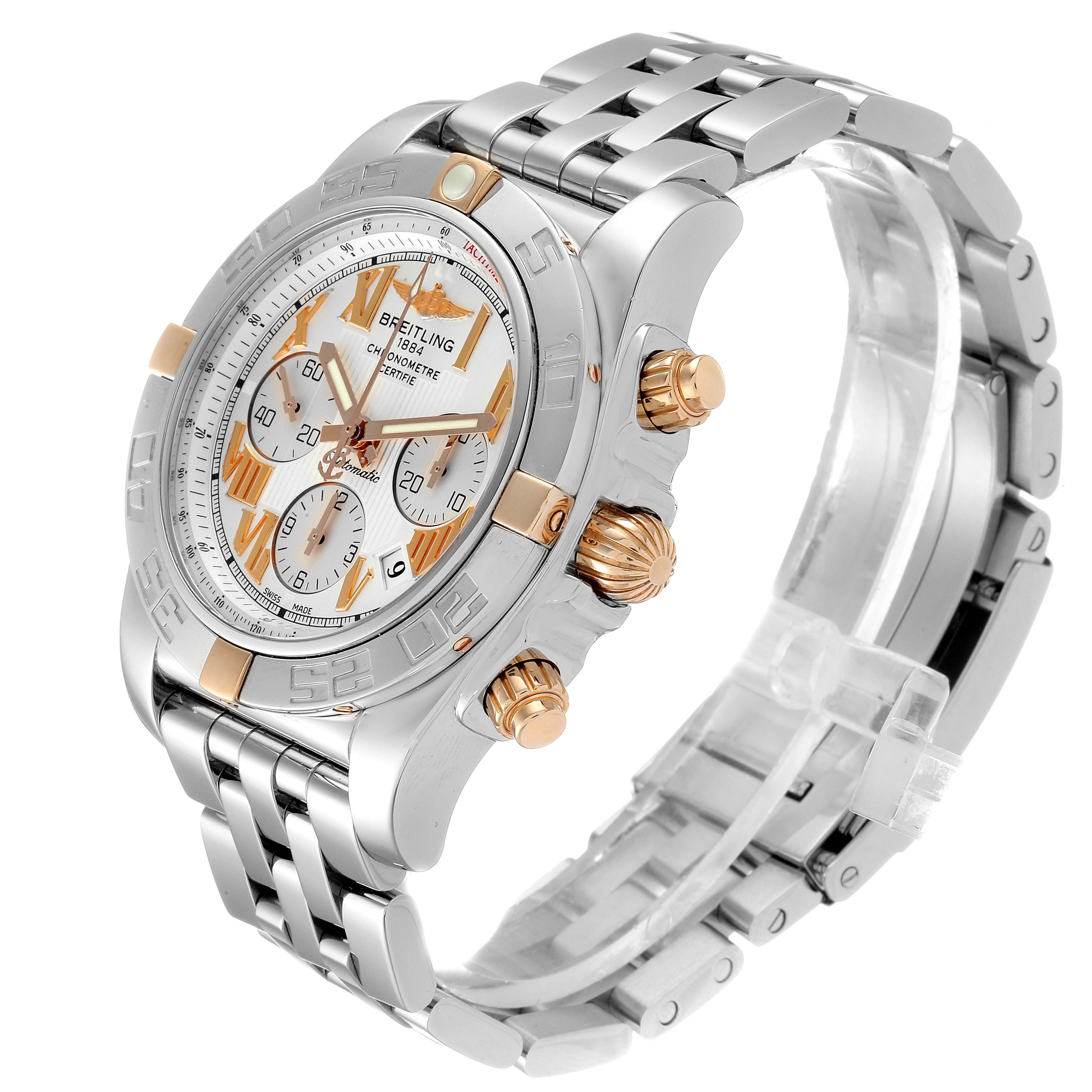 The image shows a Breitling Chronomat IB0110 Men's Stainless Steel Silver Dial IB0110 Men's Stainless Steel Silver Dial watch at a three-quarter angle, highlighting the face, crown, pushers, and bracelet.