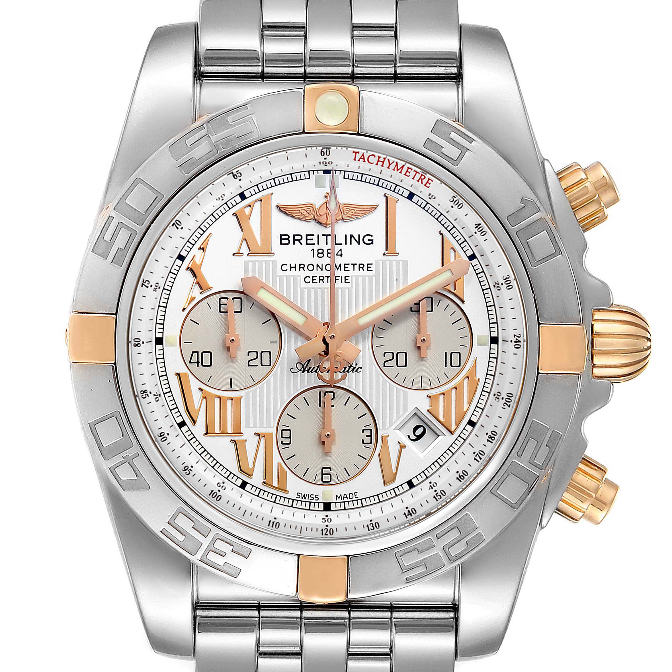 The image shows a front view of a Breitling Chronomat IB0110 Men's Stainless Steel Silver Dial IB0110 Men's Stainless Steel Silver Dial watch, highlighting the dial, bezel, and bracelet.