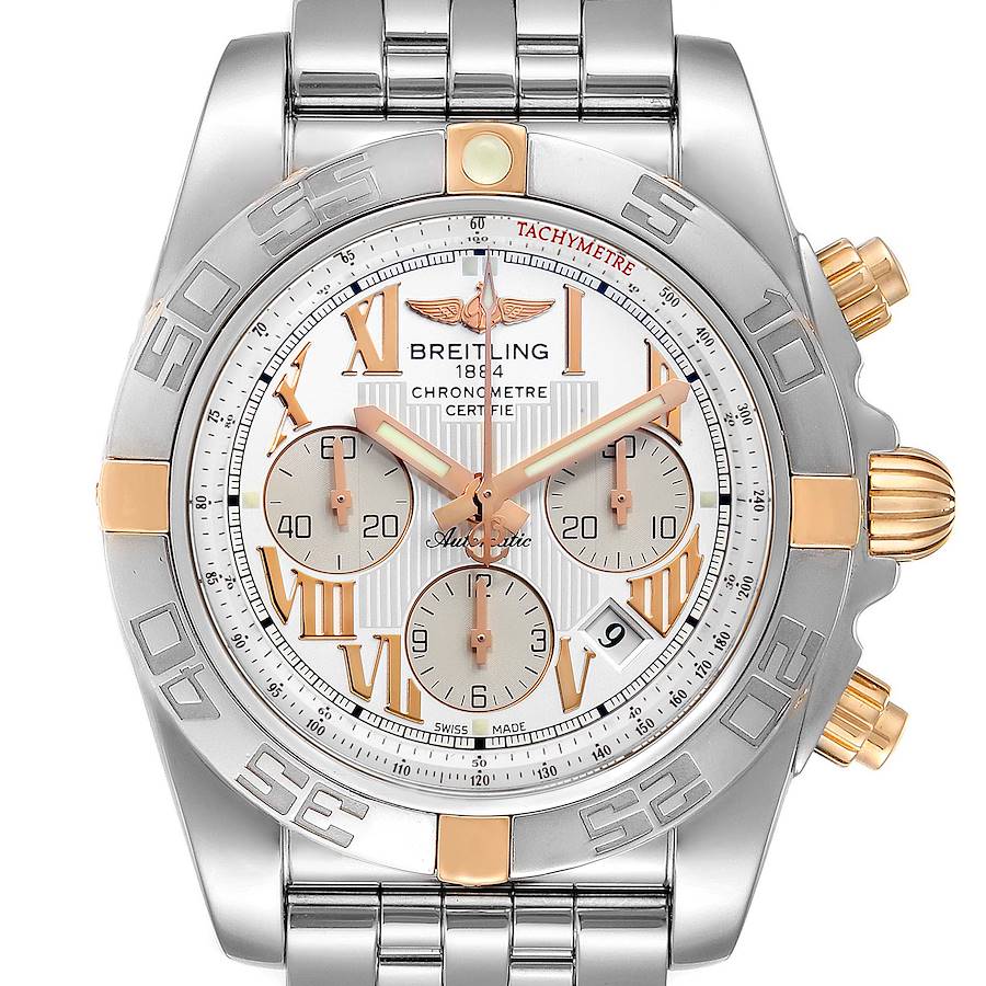 The image shows a front view of a Breitling Chronomat IB0110 Men's Stainless Steel Silver Dial IB0110 Men's Stainless Steel Silver Dial watch, highlighting the dial, bezel, and bracelet.