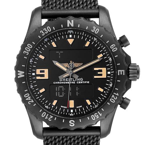 The image shows a front view of the Breitling Professional Series M78366 Men's Stainless Steel Black Dial M78366 Men's Stainless Steel Black Dial watch, highlighting its dial, digital displays, and bezel.