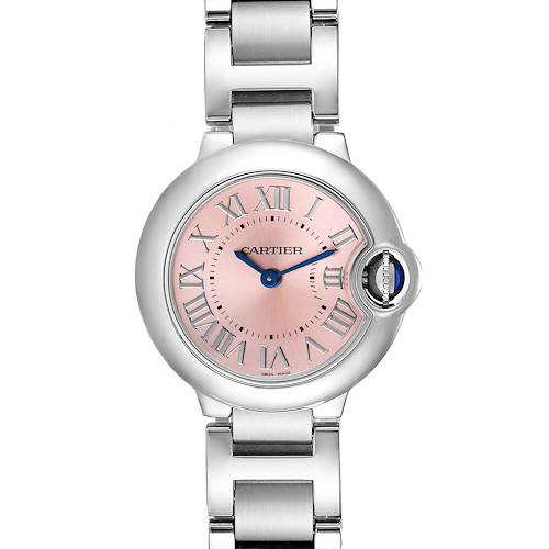 This image shows a front view of a Cartier Ballon Bleu W6920038 Women's Stainless Steel Pink Dial W6920038 Women's Stainless Steel Pink Dial watch, highlighting its pink dial, Roman numerals, and metal bracelet.