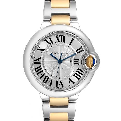 The image shows a front view of the Cartier Ballon Bleu W2BB0002 Women's Steel and Gold (two tone) Silver Dial W2BB0002 Women's Steel and Gold (two tone) Silver Dial watch, highlighting its face, Roman numerals, and bracelet.