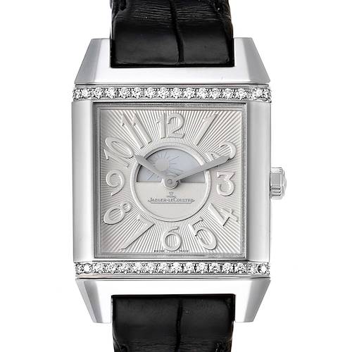 This image shows a front view of the Jaeger LeCoultre Reverso Q7058430  Women's Stainless Steel Silver Dial Q7058430  Women's Stainless Steel Silver Dial watch with its face, case, and part of the strap visible.