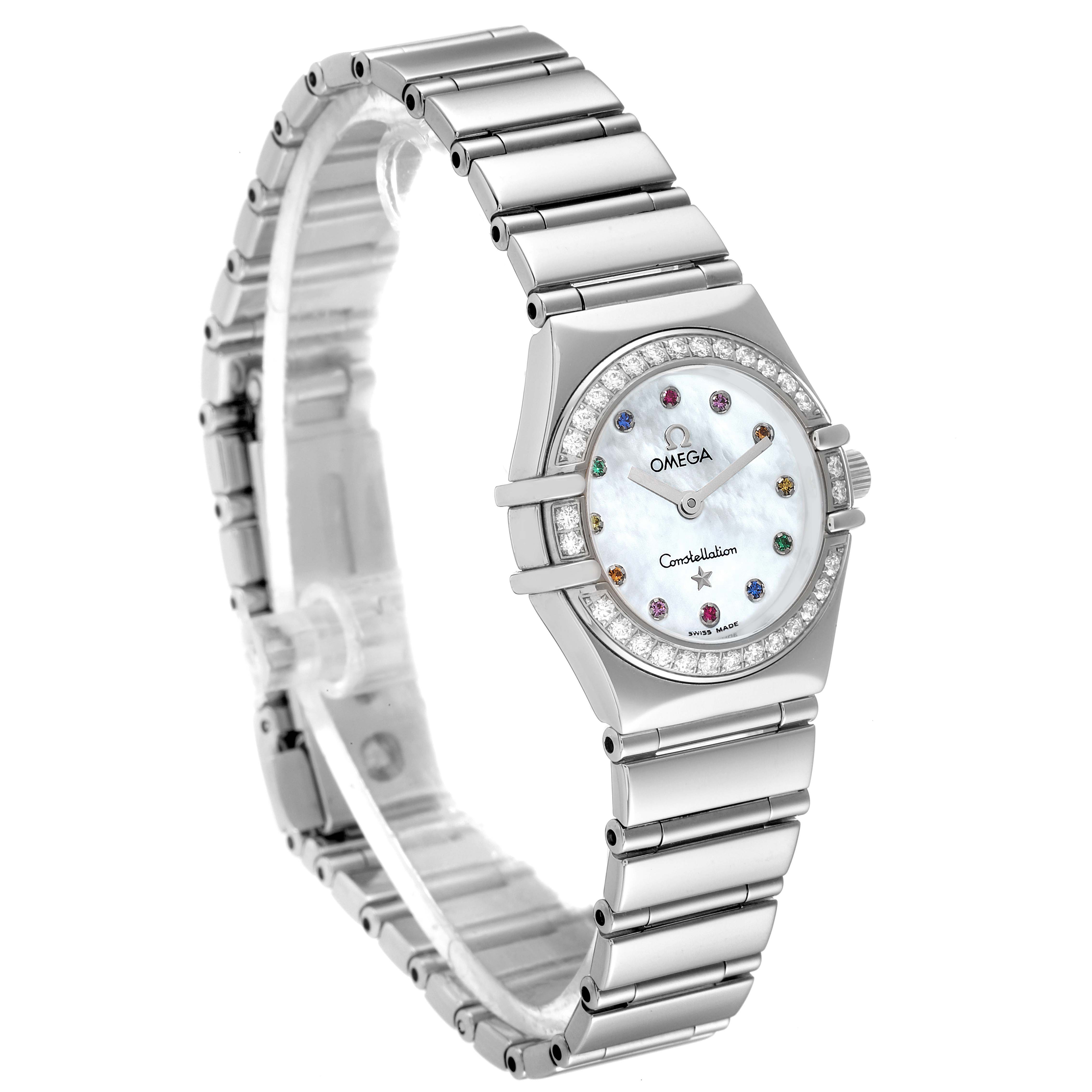 The Omega 1465.79.00 Women's Stainless Steel Mother of Pearl Dial 1465.79.00 Women's Stainless Steel Mother of Pearl Dial Constellation Iris My Choice Steel Multi Stone Ladies Watch (model 1465.79.00) is shown at a slight angle, displaying its face, bezel, and bracelet.