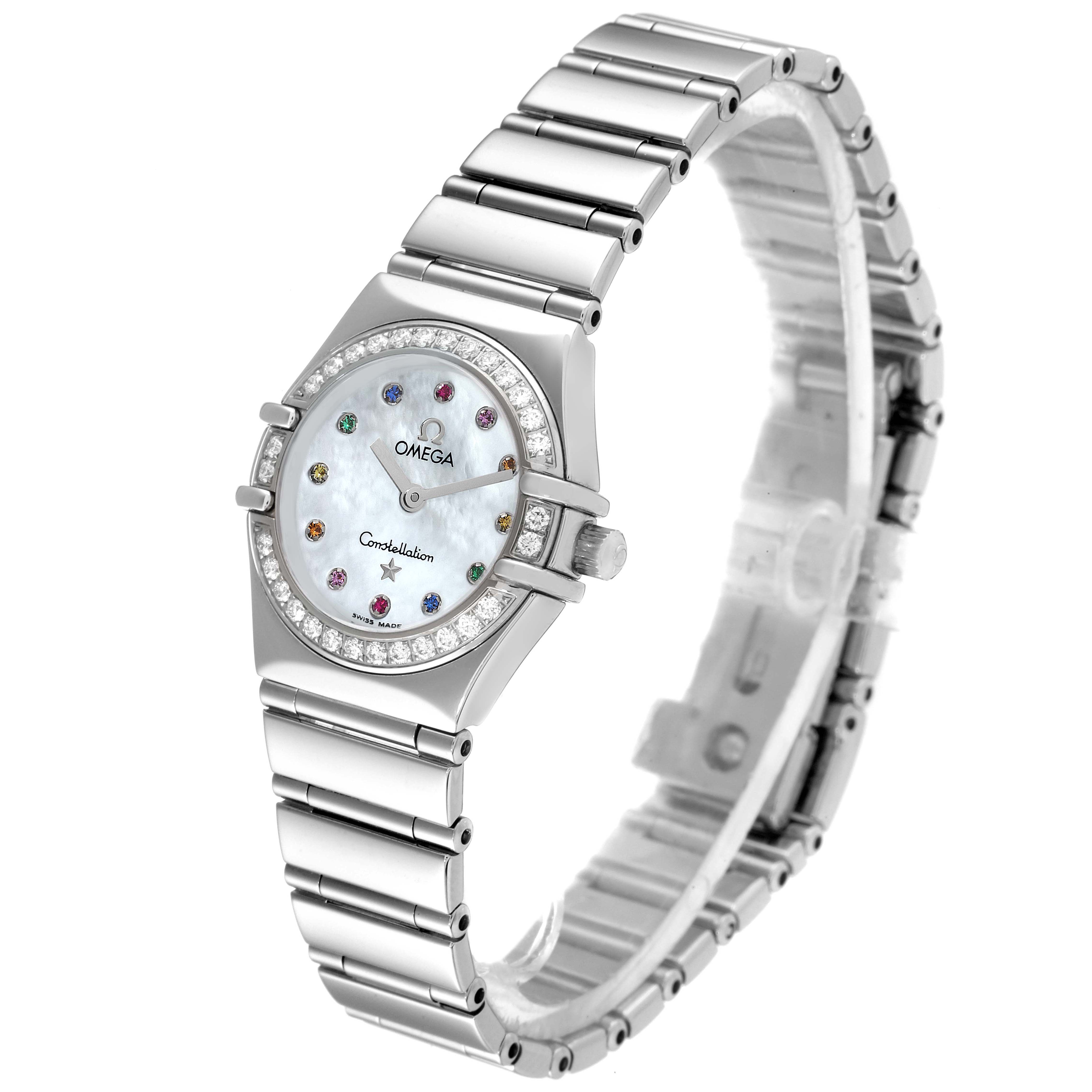 The Omega 1465.79.00 Women's Stainless Steel Mother of Pearl Dial 1465.79.00 Women's Stainless Steel Mother of Pearl Dial Constellation Iris My Choice Steel Multi Stone Ladies Watch 1465.79.00 is shown at a slight angle displaying the face and bracelet.