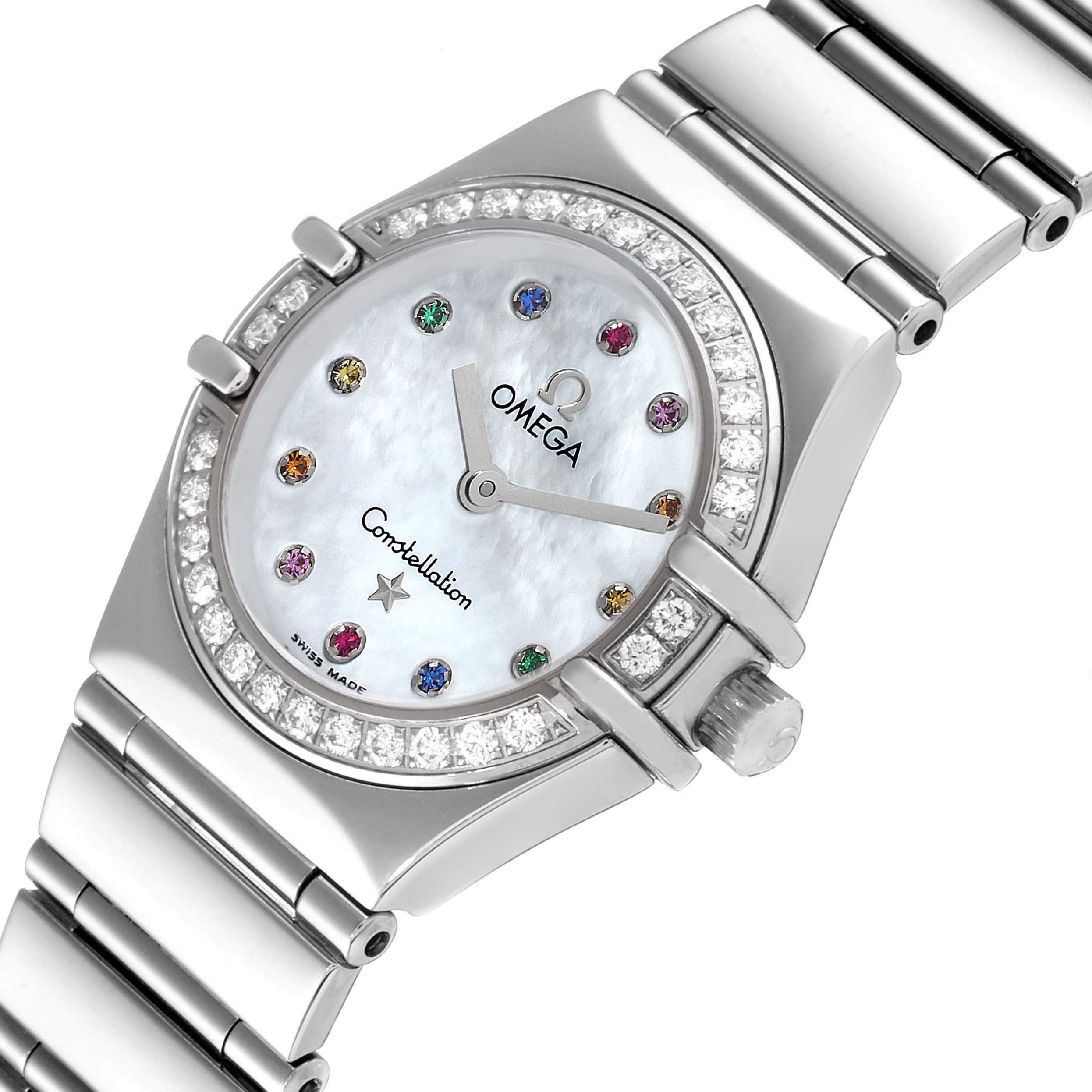 The image shows an angled view of the Omega 1465.79.00 Women's Stainless Steel Mother of Pearl Dial 1465.79.00 Women's Stainless Steel Mother of Pearl Dial Constellation Iris My Choice Steel Multi Stone Ladies Watch 1465.79.00, highlighting the dial, bezel, and bracelet.