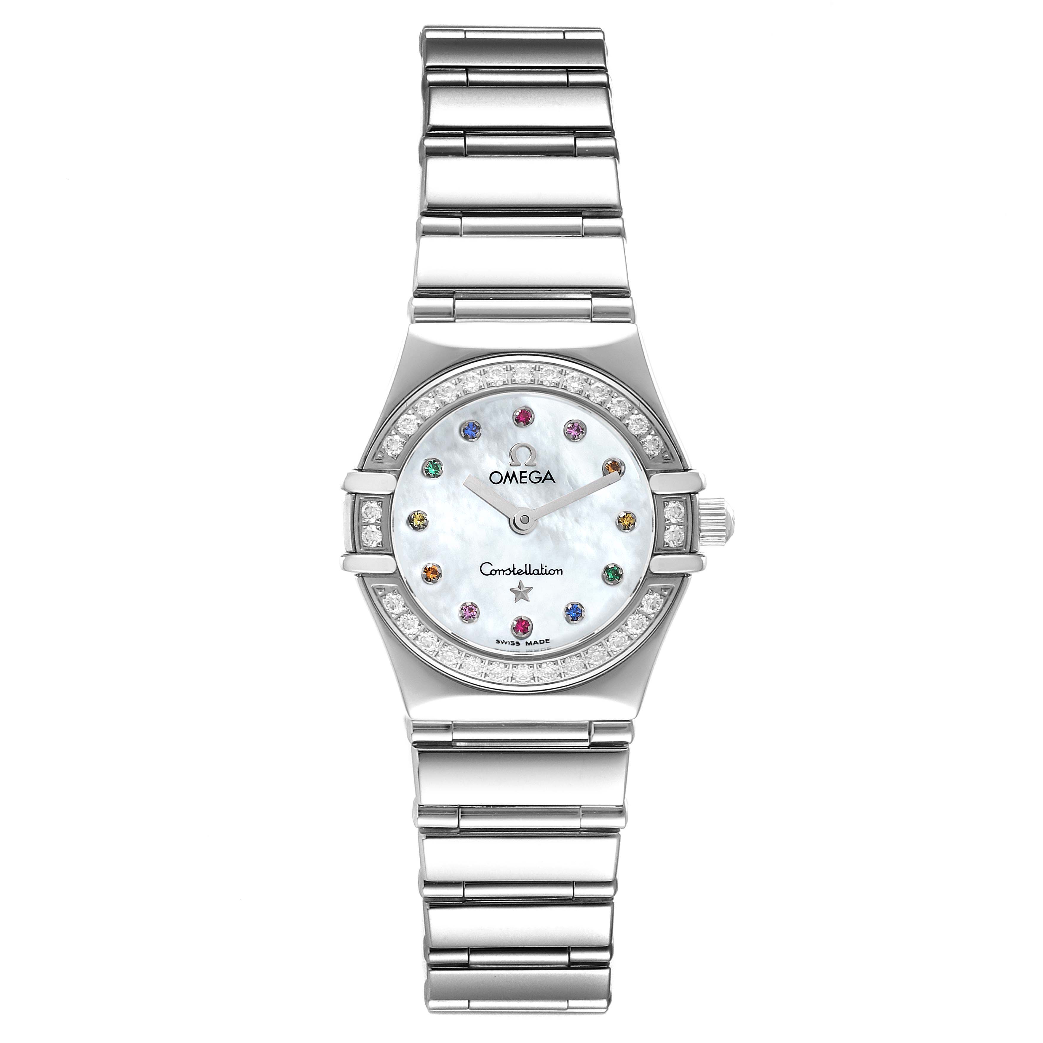 The Omega 1465.79.00 Women's Stainless Steel Mother of Pearl Dial 1465.79.00 Women's Stainless Steel Mother of Pearl Dial Constellation Iris My Choice Steel Multi Stone Ladies Watch model 1465.79.00 is shown from a top-down angle with its full face and bracelet visible.