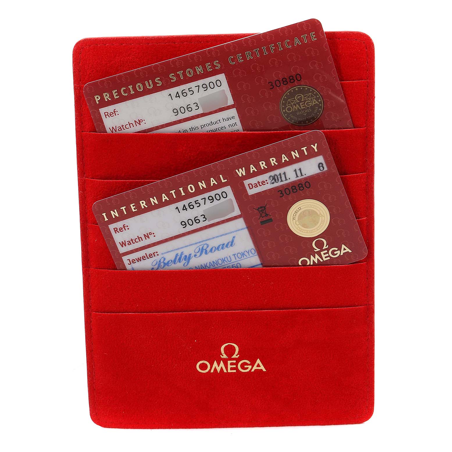 The image shows an Omega 1465.79.00 Women's Stainless Steel Mother of Pearl Dial 1465.79.00 Women's Stainless Steel Mother of Pearl Dial International Warranty card and Precious Stones Certificate for the Constellation Iris My Choice Steel Multi Stone Ladies Watch 1465.79.00.