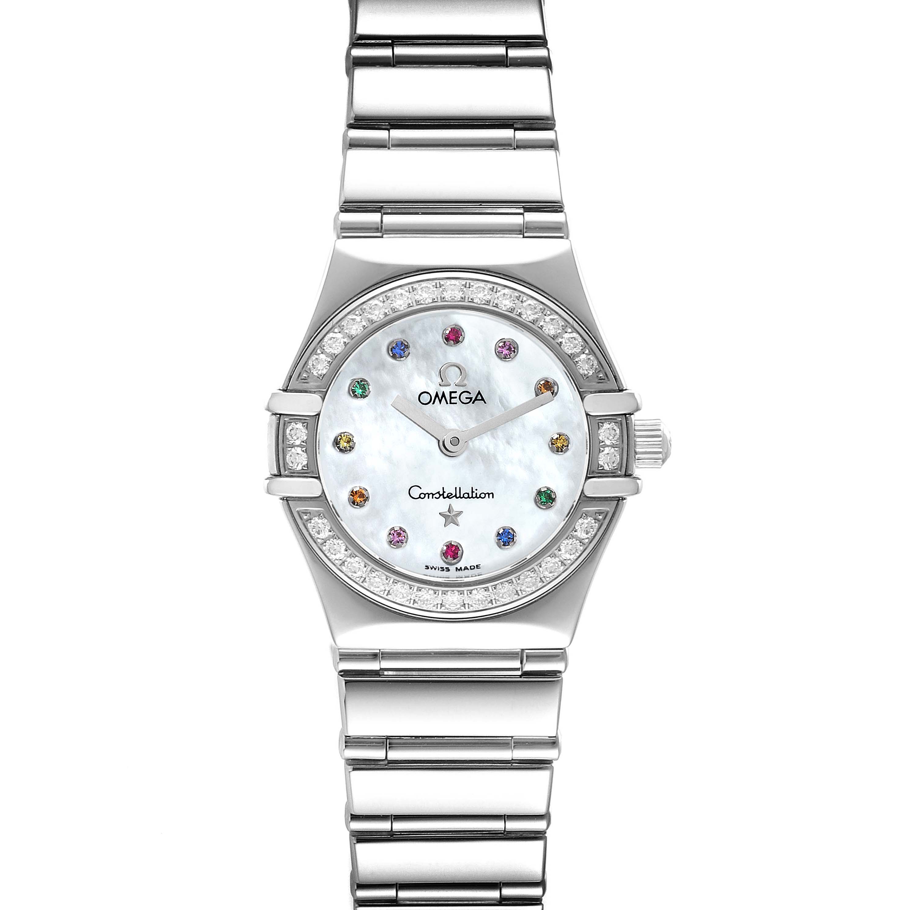 The image shows a top view of the Omega 1465.79.00 Women's Stainless Steel Mother of Pearl Dial 1465.79.00 Women's Stainless Steel Mother of Pearl Dial Constellation Iris My Choice Steel Multi Stone Ladies Watch 1465.79.00, highlighting its dial and bracelet.