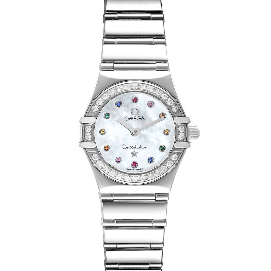 The image shows a top view of the Omega 1465.79.00 Women's Stainless Steel Mother of Pearl Dial 1465.79.00 Women's Stainless Steel Mother of Pearl Dial Constellation Iris My Choice Steel Multi Stone Ladies Watch 1465.79.00, highlighting its dial and bracelet.